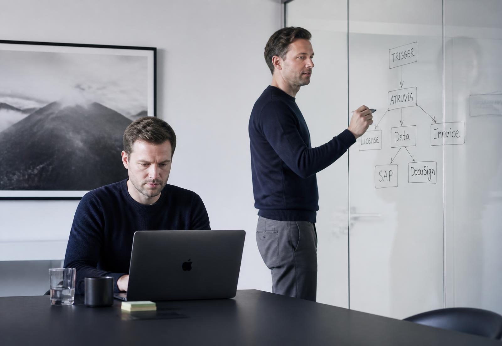 Twee oprichters werken samen aan een procesmodel op een glaswand